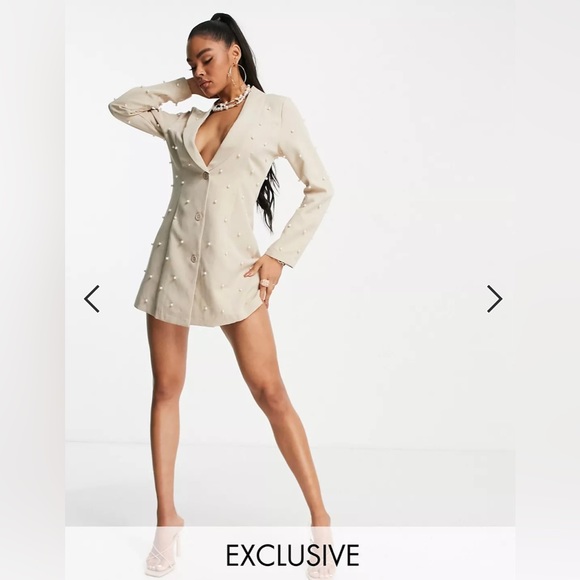 NWT! Saint Genies Pearl Studded Tan Boyfriend Blazer - Embellished - Picture 2 of 16